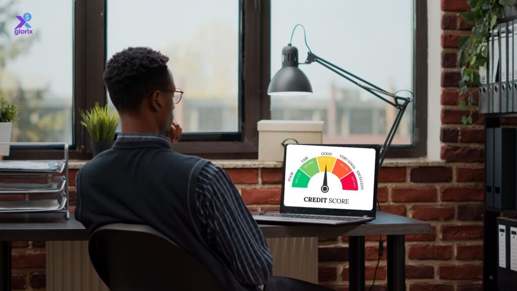 Person reviewing credit score breakdown on a laptop screen with colorful charts and graphs showing key factors to build a credit score in the USA.